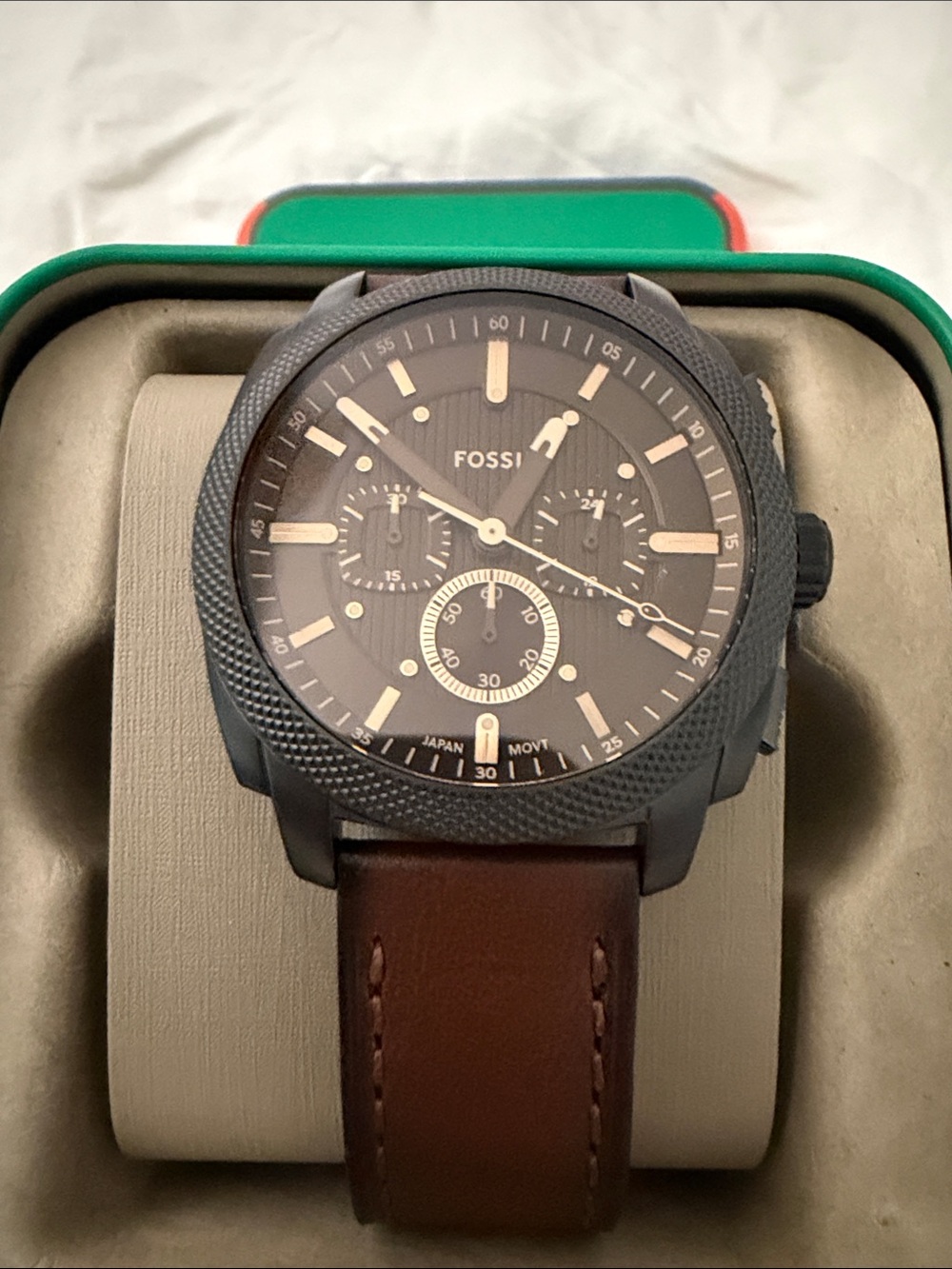 Fossil Black Dial Watch with Brown Leather Strap